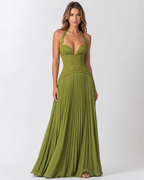 Women's floral lace corset maxi dress with halter neckline and pleated skirt