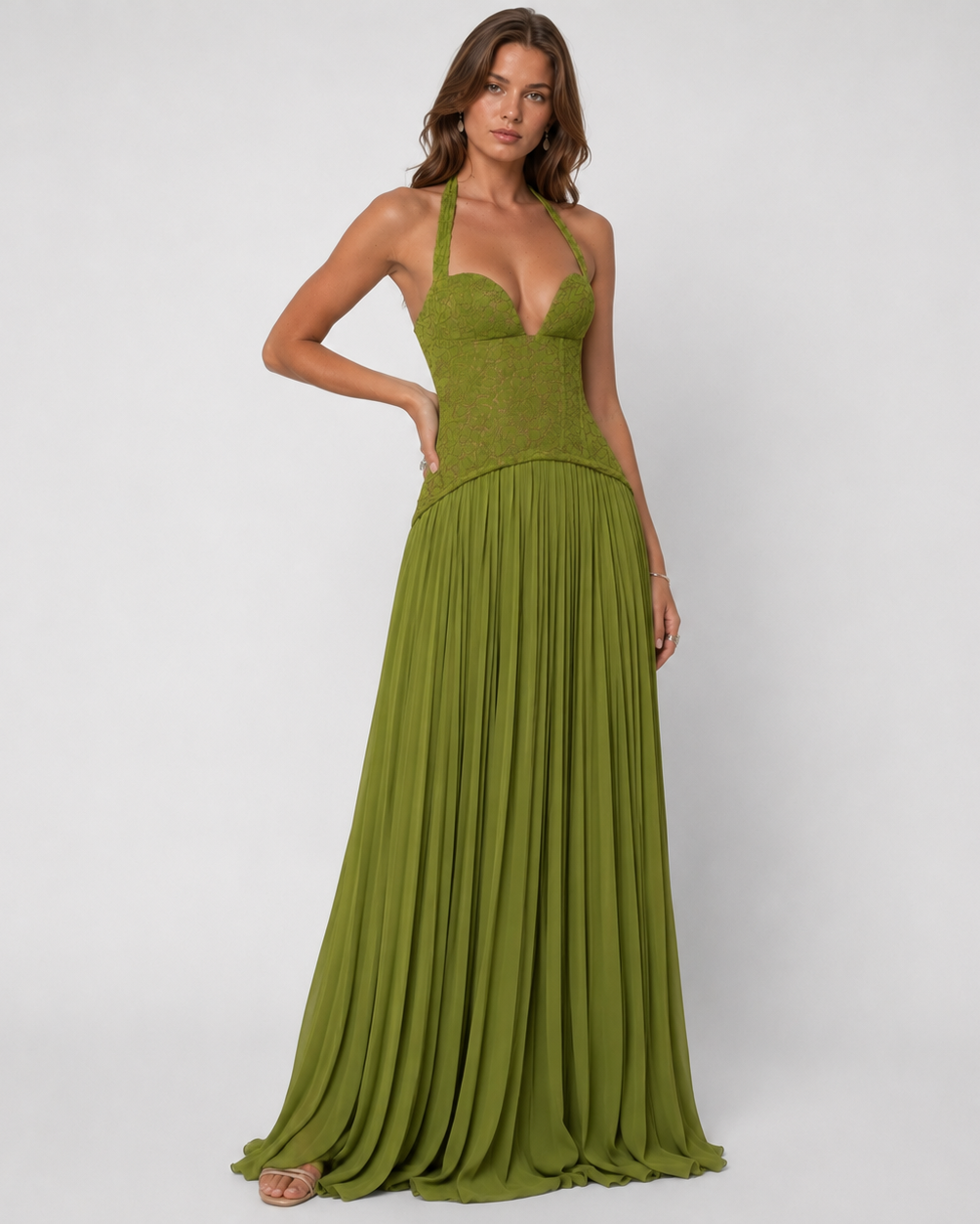 Women's floral lace corset maxi dress with halter neckline and pleated skirt