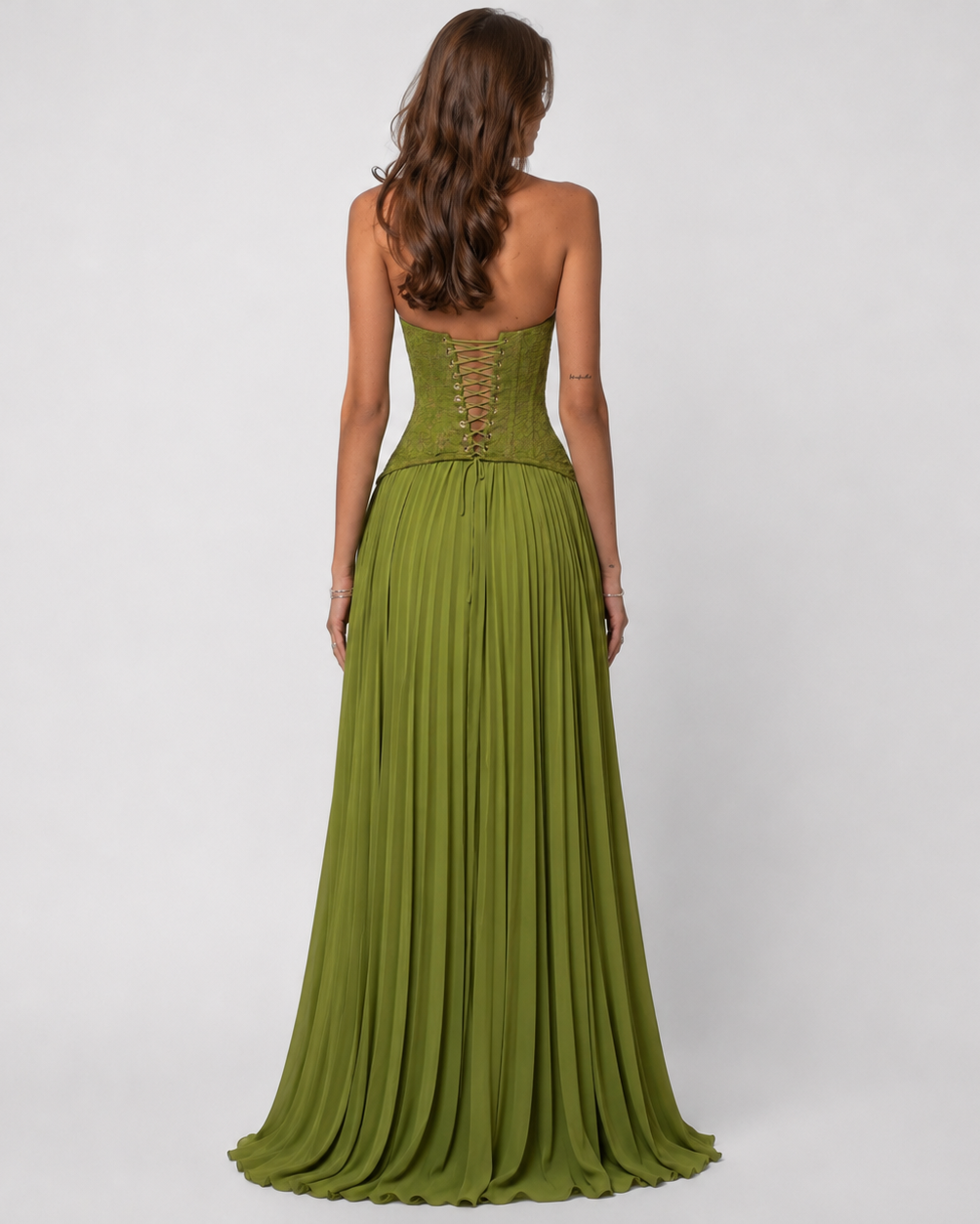 Women's floral lace corset maxi dress with halter neckline and pleated skirt