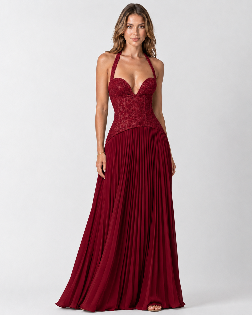 Women's floral lace corset maxi dress with halter neckline and pleated skirt