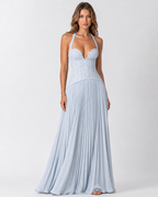 Women's floral lace corset maxi dress with halter neckline and pleated skirt