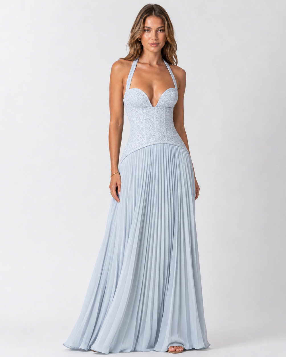 Women's floral lace corset maxi dress with halter neckline and pleated skirt