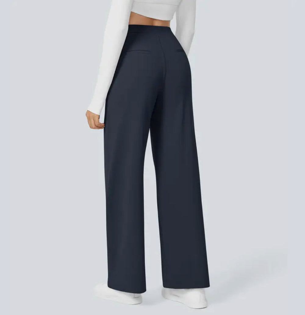 Women's high-waisted wide-leg trousers shown in multiple colours