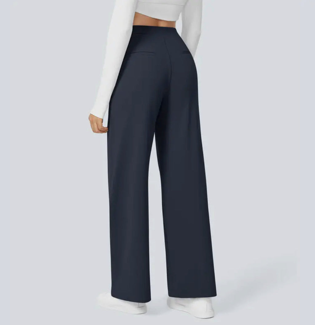 Women's high-waisted wide-leg trousers shown in multiple colours