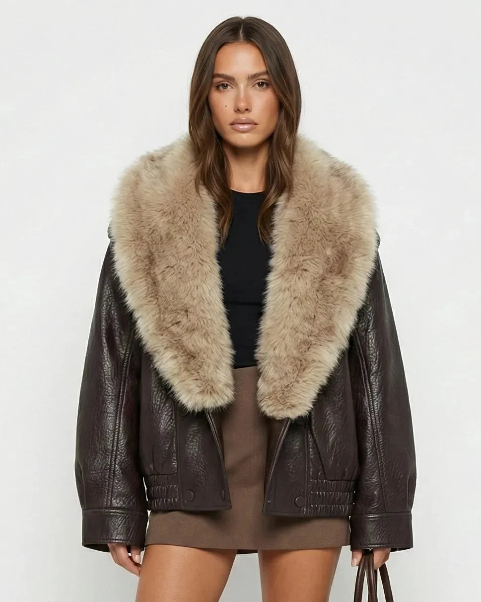 Women's brown cropped jacket with a large beige fur-effect collar and long sleeves