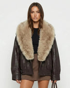 Women's brown cropped jacket with a large beige fur-effect collar and long sleeves