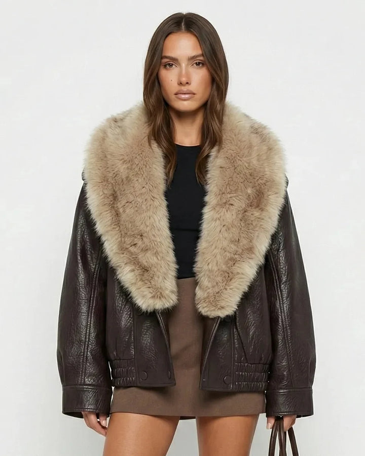 Women's brown cropped jacket with a large beige fur-effect collar and long sleeves