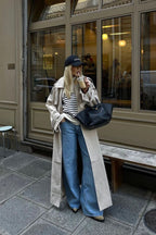 Women's long double-breasted trench coat with notched lapels