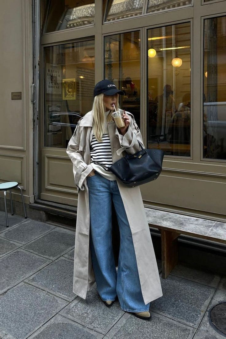 Women's long double-breasted trench coat with notched lapels