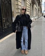Women's long double-breasted trench coat with notched lapels