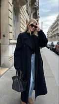 Women's long double-breasted trench coat with notched lapels