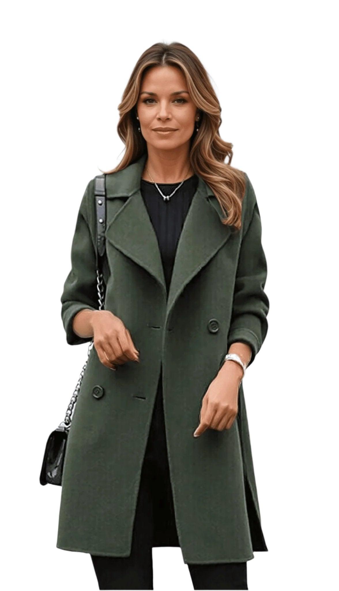 Women's double-breasted trench coat with lapel collar and long sleeves