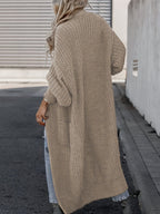 Women's longline open front textured knit cardigan with pockets and balloon sleeves