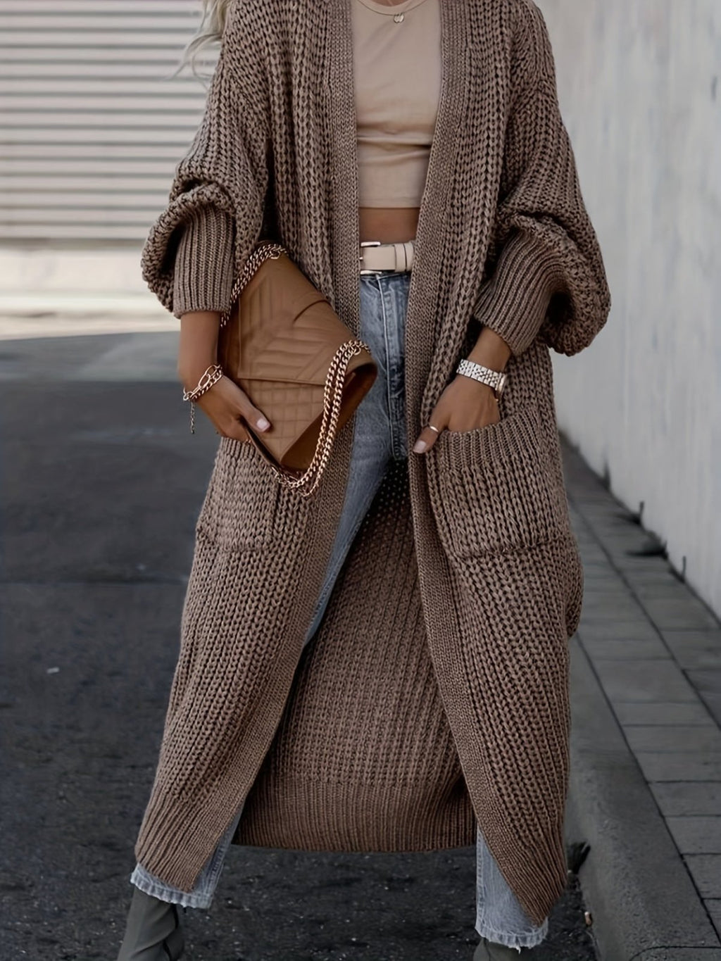 Women's longline open front textured knit cardigan with pockets and balloon sleeves
