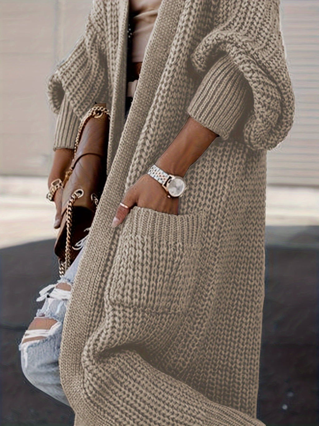 Women's longline open front textured knit cardigan with pockets and balloon sleeves