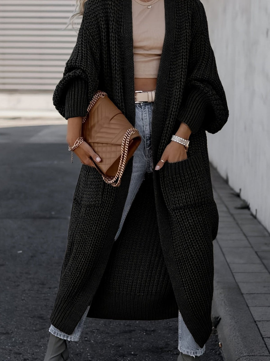 Women's longline open front textured knit cardigan with pockets and balloon sleeves