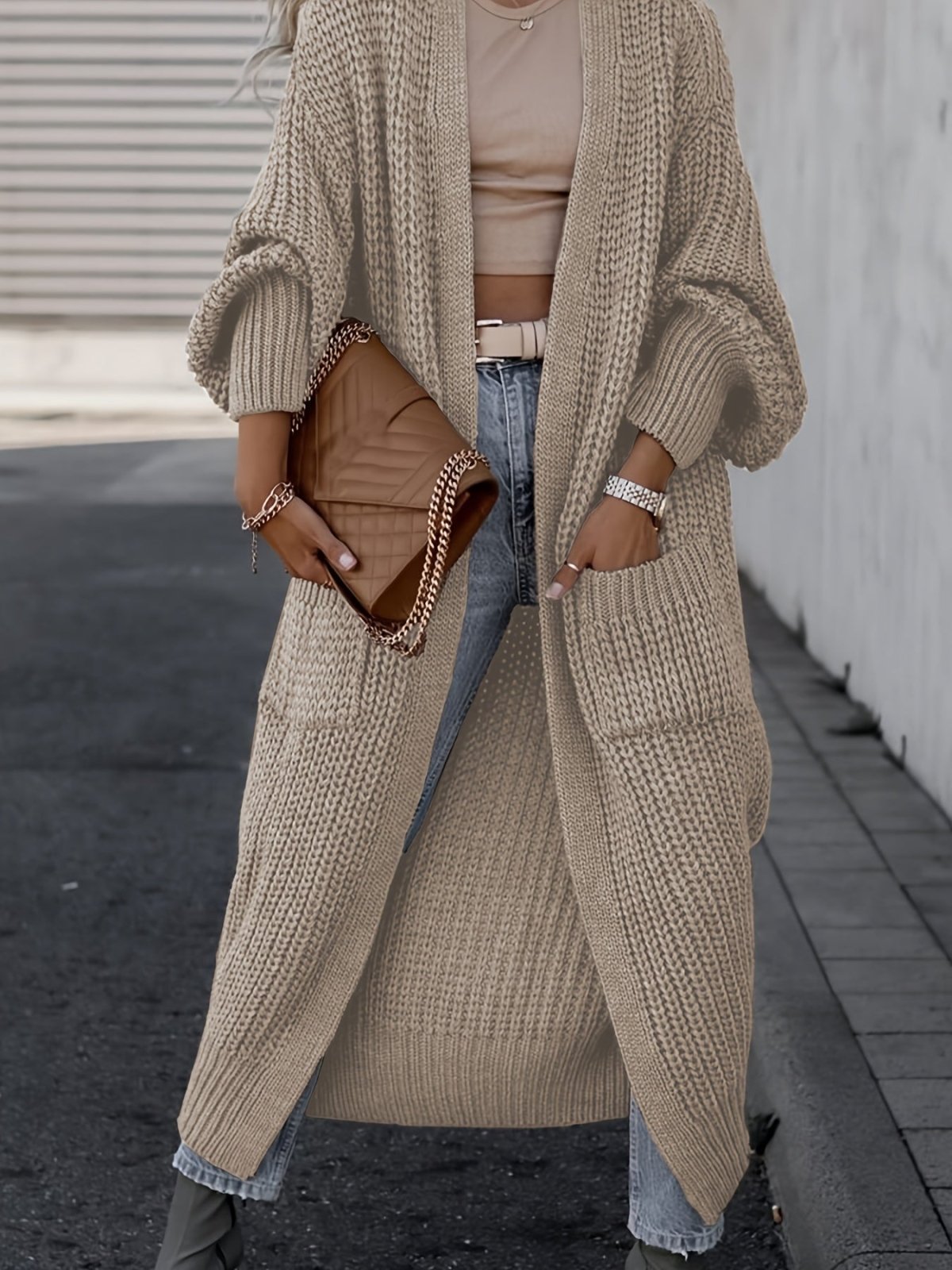 Women's longline open front textured knit cardigan with pockets and balloon sleeves
