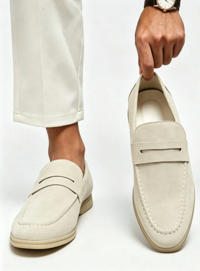 Men's plain penny loafers with moc toe stitching and low heels
