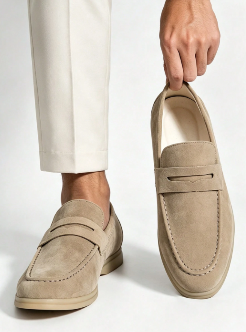 Men's plain penny loafers with moc toe stitching and low heels