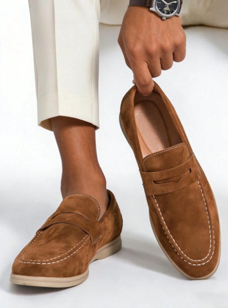 Men's plain penny loafers with moc toe stitching and low heels