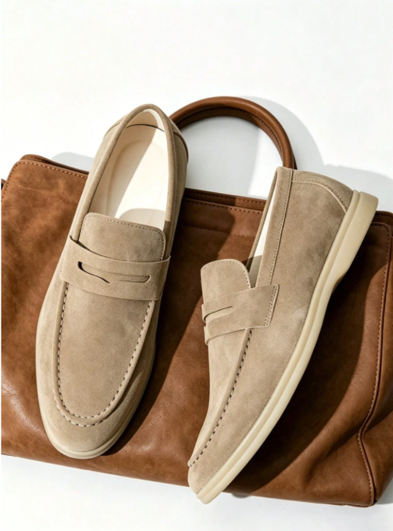 Men's plain penny loafers with moc toe stitching and low heels