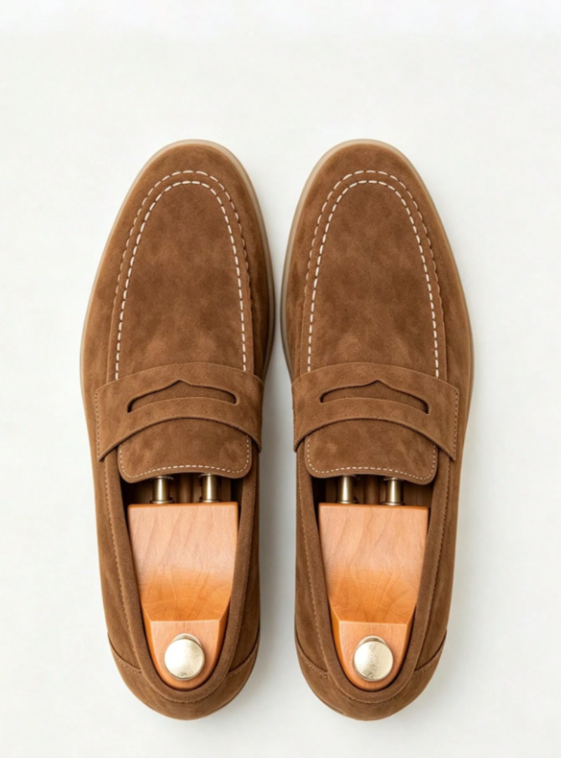Men's plain penny loafers with moc toe stitching and low heels