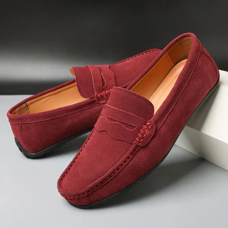 Men's slip-on moc toe loafers with vamp strap and flat soles