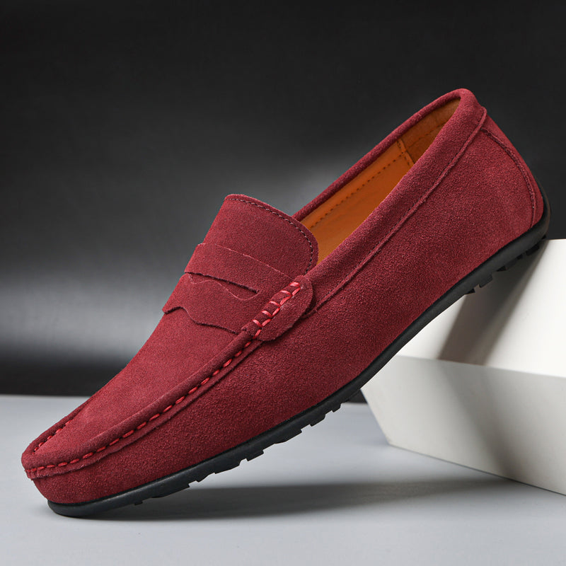 Men's slip-on moc toe loafers with vamp strap and flat soles