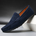 Men's slip-on moc toe loafers with vamp strap and flat soles