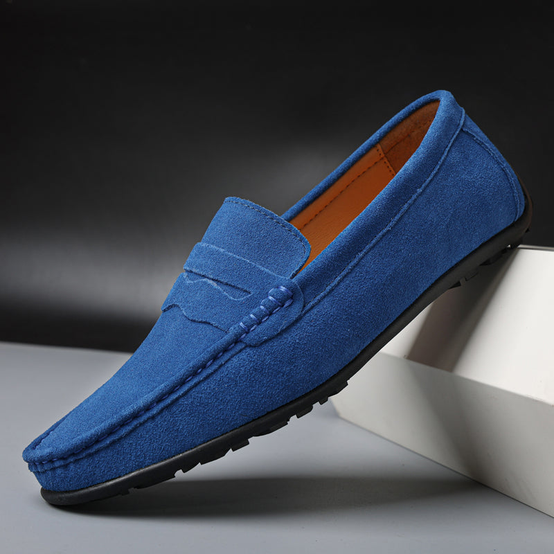 Men's slip-on moc toe loafers with vamp strap and flat soles