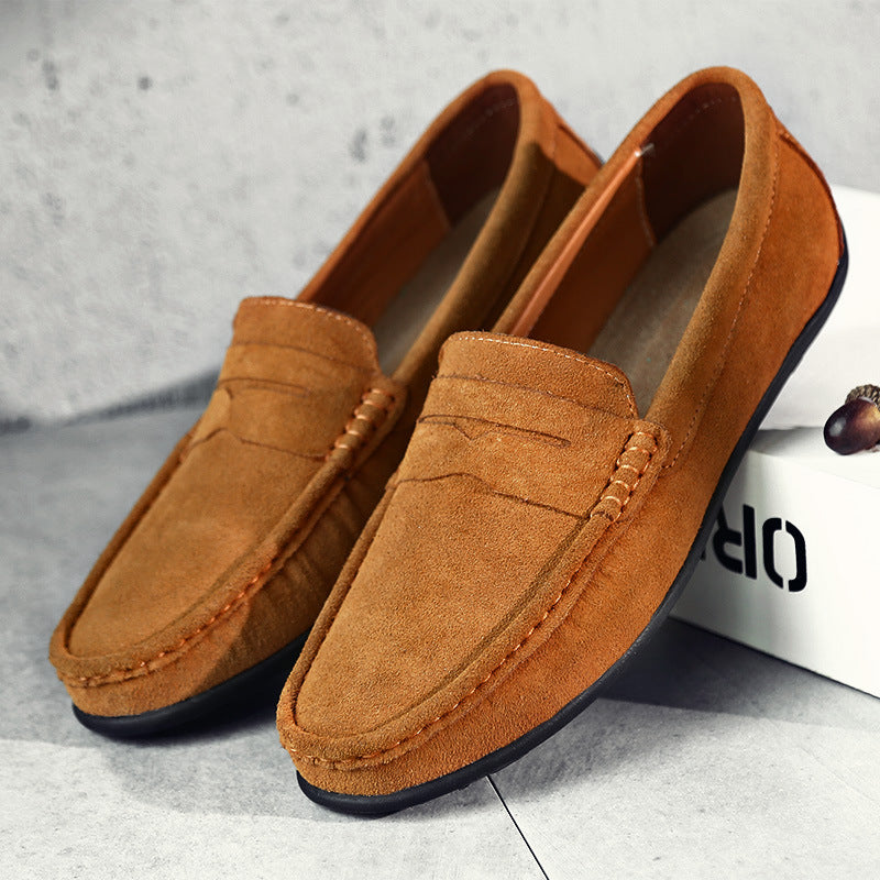 Men's slip-on moc toe loafers with vamp strap and flat soles