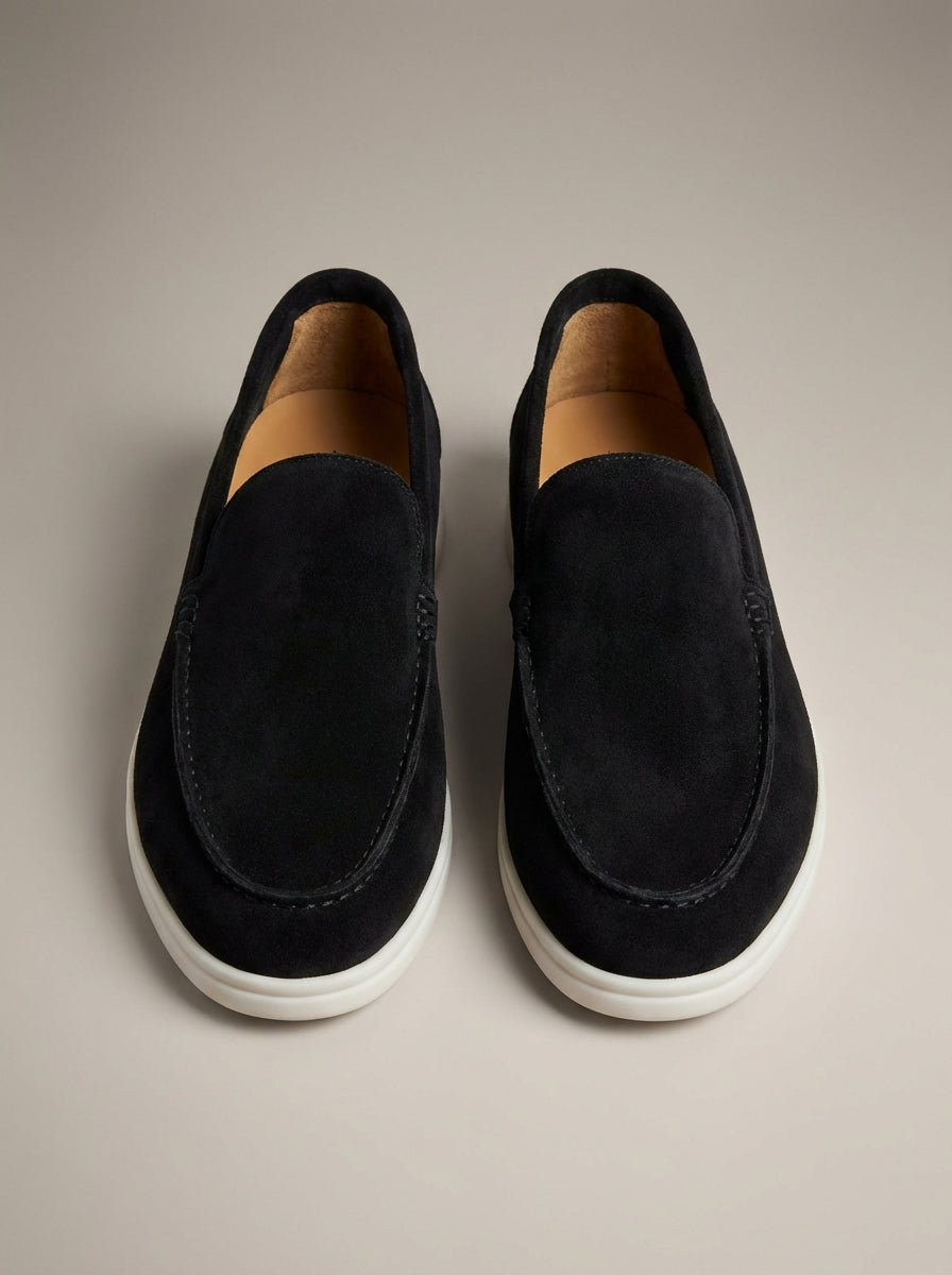 Men's plain slip-on loafers with moc toe stitching and flat soles