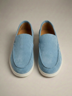 Men's plain slip-on loafers with moc toe stitching and flat soles