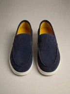 Men's plain slip-on loafers with moc toe stitching and flat soles