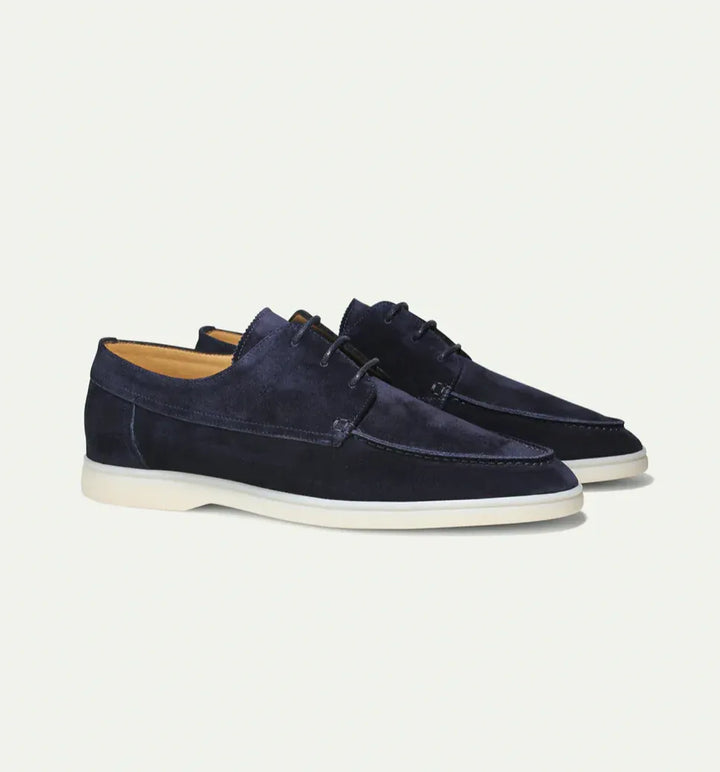 Men's lace-up moccasin shoes shown in black and beige with round toes and flat soles