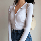 Women's ribbed button-front cardigan sweater with pointed collar