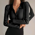 Women's ribbed button-front cardigan sweater with pointed collar