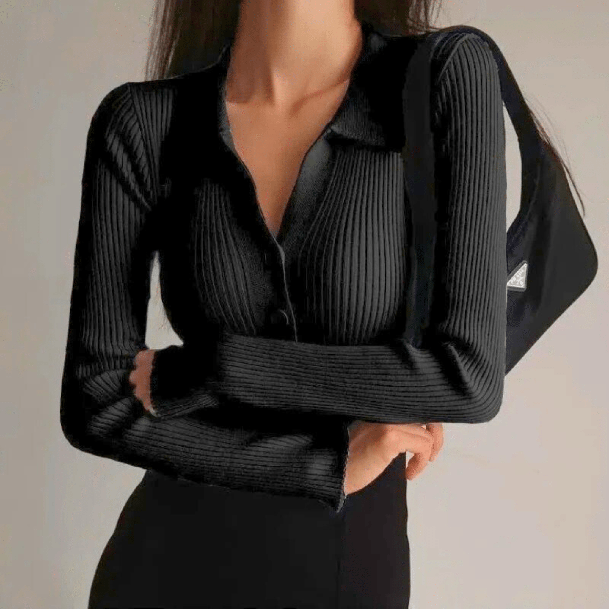 Women's ribbed button-front cardigan sweater with pointed collar