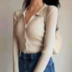 Women's ribbed button-front cardigan sweater with pointed collar