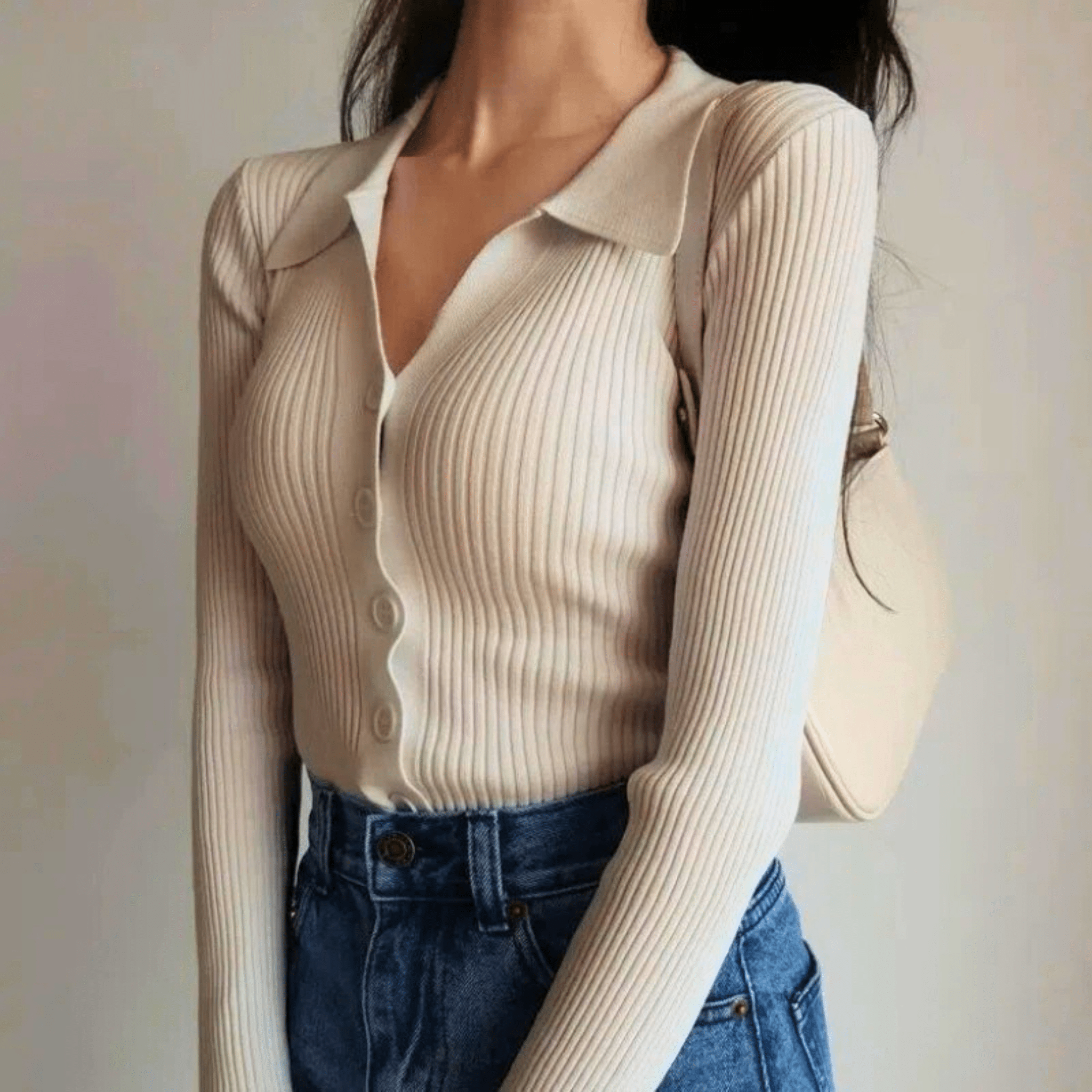 Women's ribbed button-front cardigan sweater with pointed collar