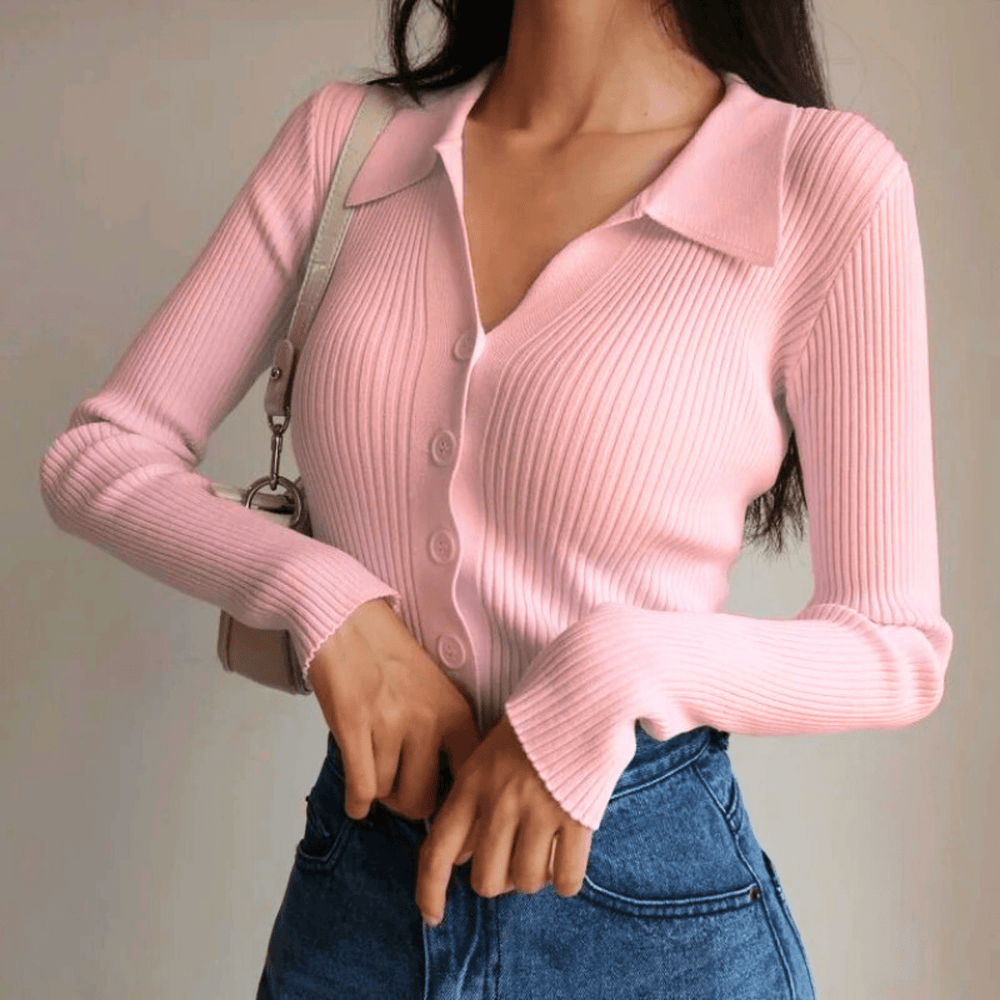 Women's ribbed button-front cardigan sweater with pointed collar