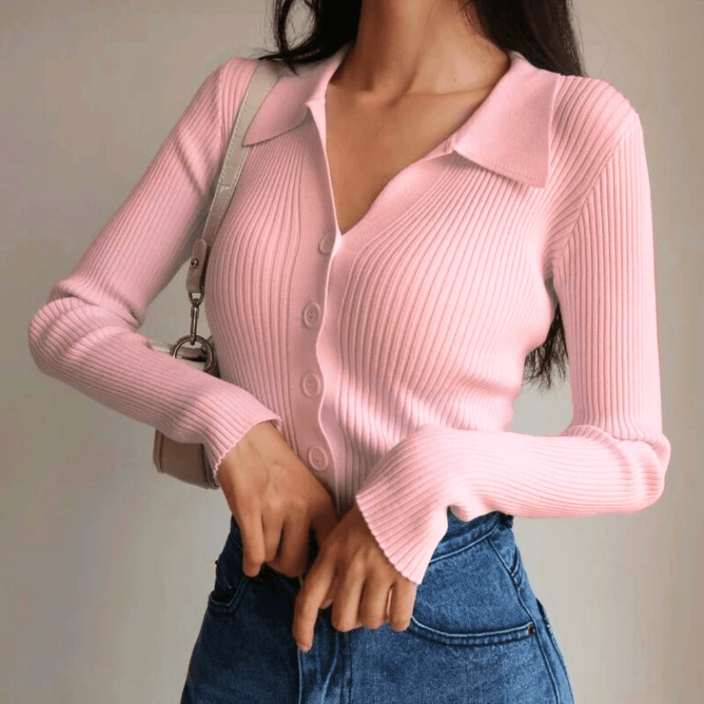 Women's ribbed button-front cardigan sweater with pointed collar