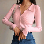 Women's ribbed button-front cardigan sweater with pointed collar