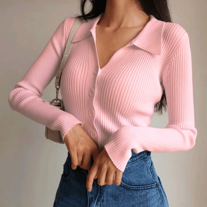 Women's ribbed button-front cardigan sweater with pointed collar