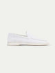 Men's white slip-on loafers with stitched detailing and flat soles