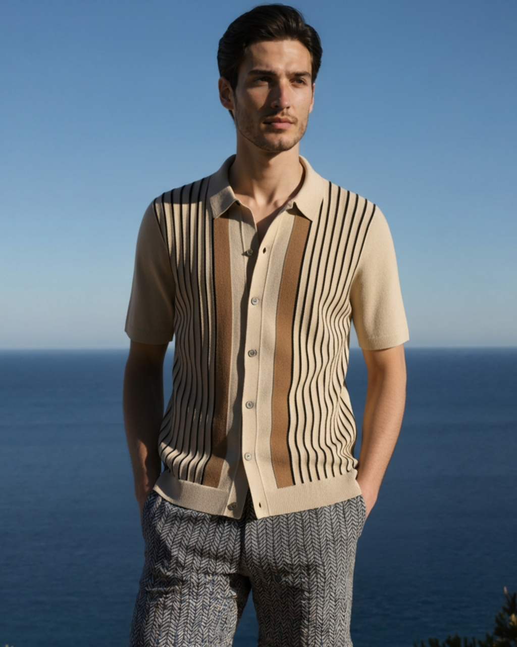Men's striped knit polo shirt with short sleeves and button front