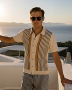 Men's striped knit polo shirt with short sleeves and button front