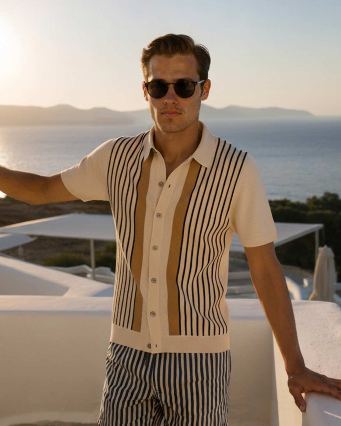 Men's striped knit polo shirt with short sleeves and button front