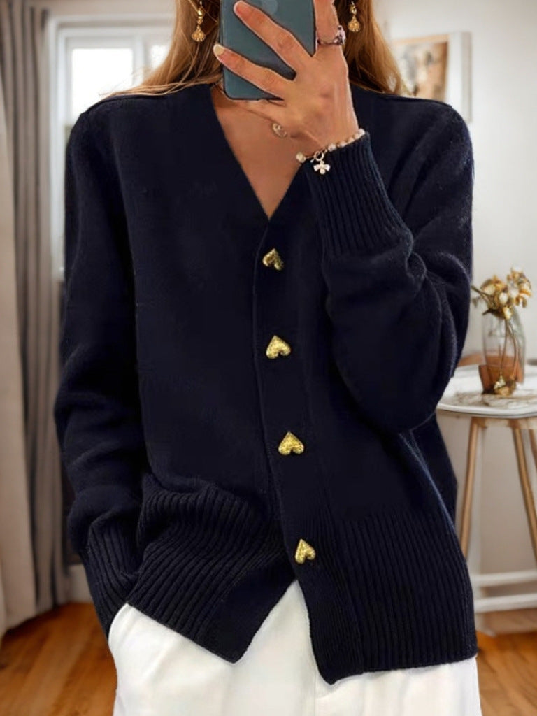 Women's V-neck cardigan with gold heart buttons, front pockets and ribbed trims