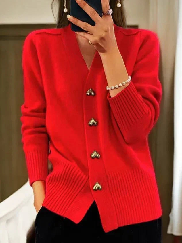 Women's V-neck cardigan with gold heart buttons, front pockets and ribbed trims